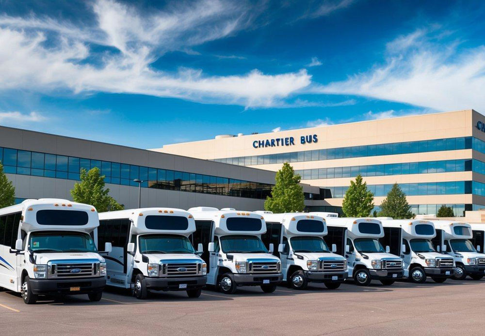 A fleet of charter buses parked outside a corporate office building in Denver, with a variety of transportation options available for rent