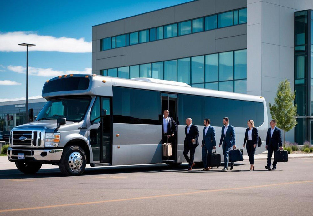 A sleek charter bus parked outside a modern office building in Denver, Colorado, with a group of professionals boarding with luggage and briefcases