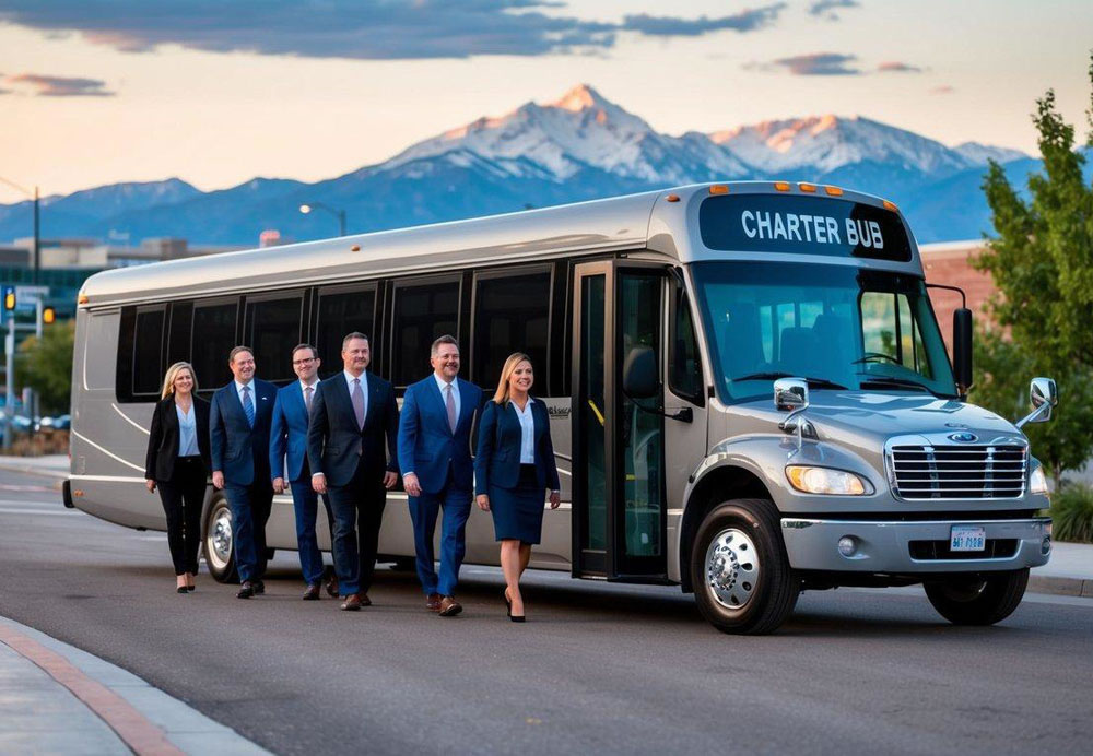 A group of professionals boards a sleek charter bus in downtown Denver, with the Rocky Mountains in the background
