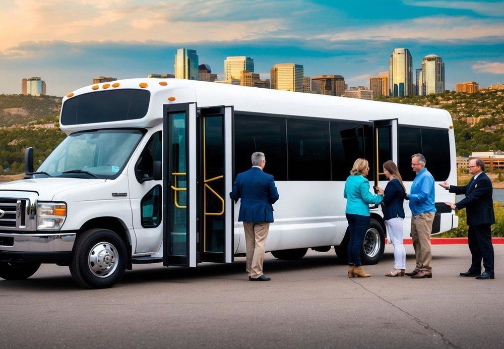 A charter bus parked in front of a scenic Denver backdrop, with a group of people boarding and a friendly driver assisting